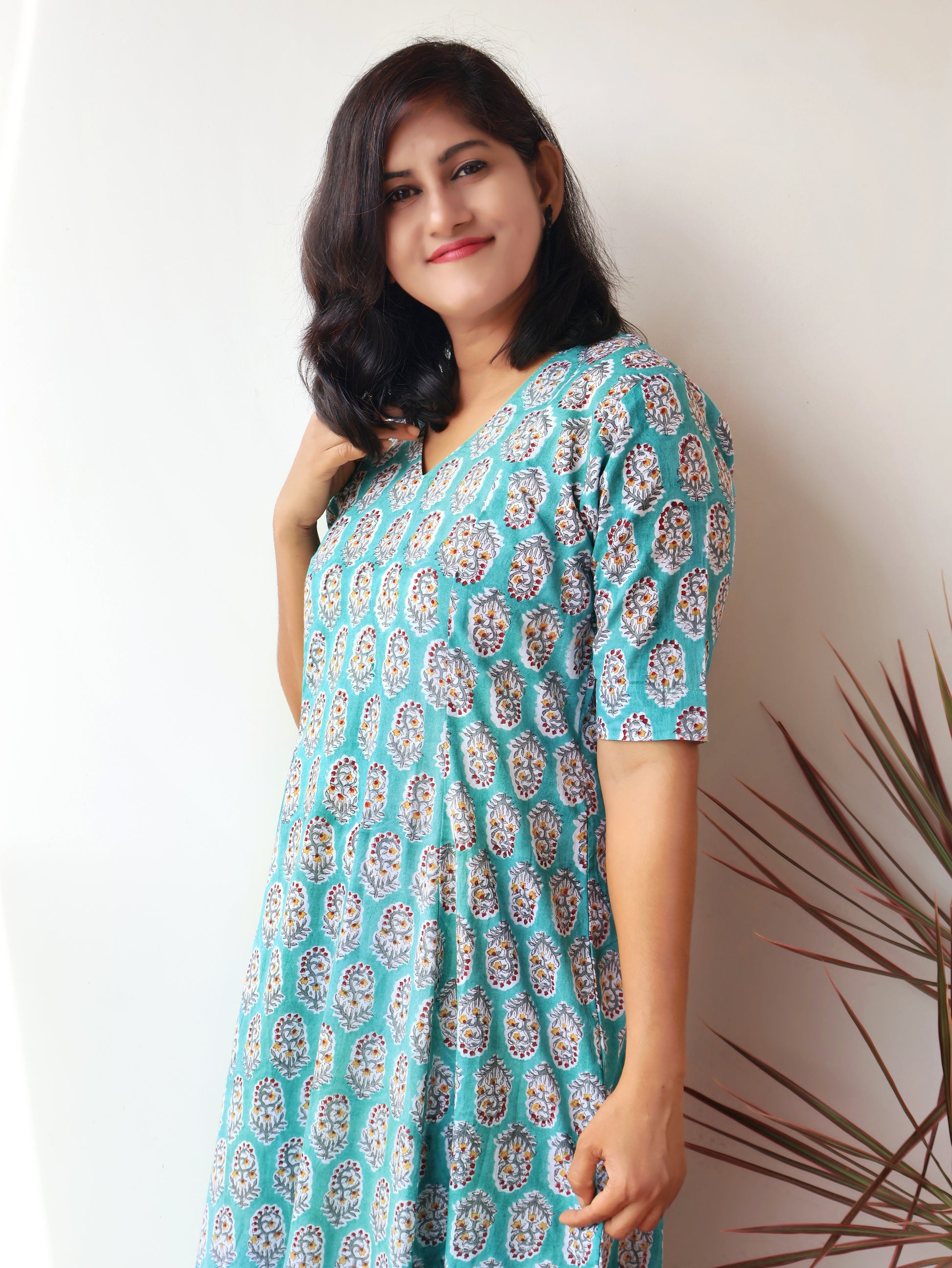 Turquoise Charm Sanganeri Hand Block Cotton Kurta