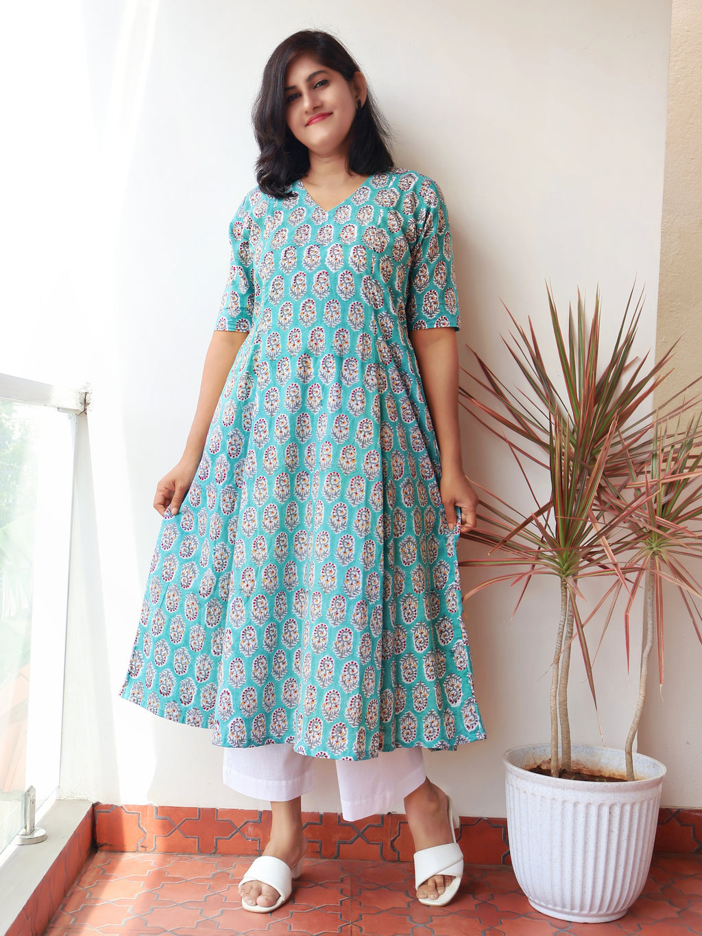 Turquoise Charm Sanganeri Hand Block Cotton Kurta