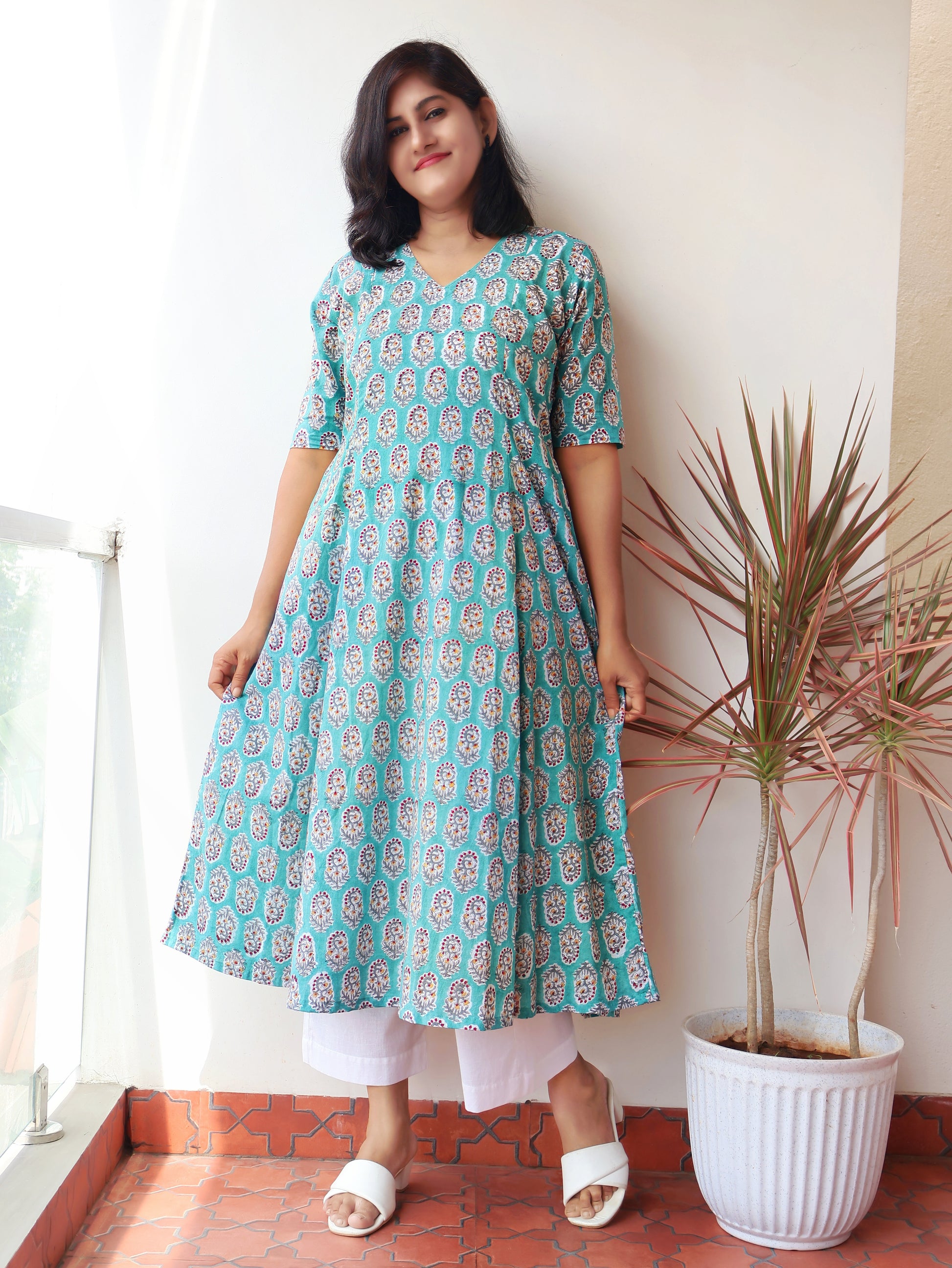 Turquoise Charm Sanganeri Hand Block Cotton Kurta