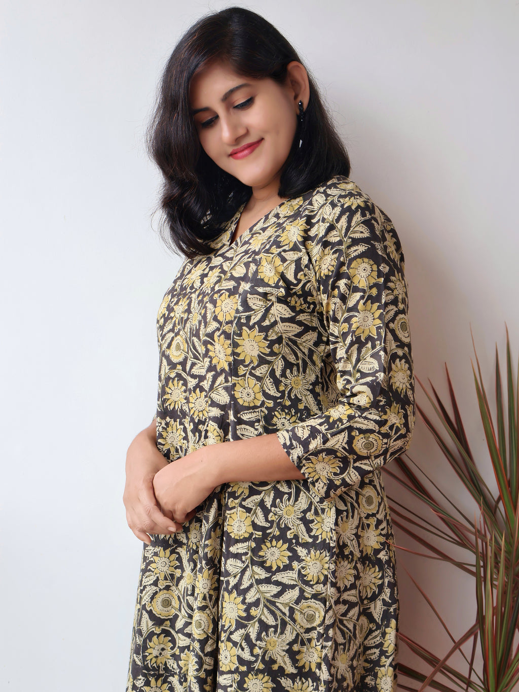 Black Mustard Kalamkari Cotton Hand Block  Paneled Kurta