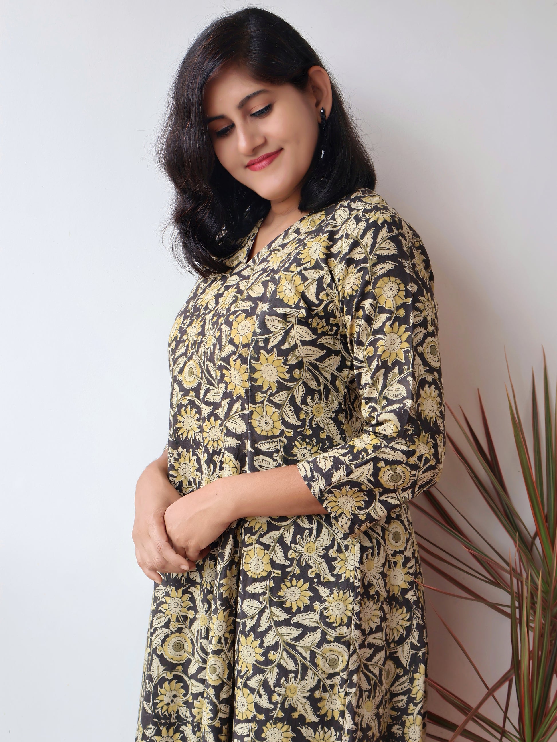 Black Mustard Kalamkari Cotton Hand Block  Paneled Kurta