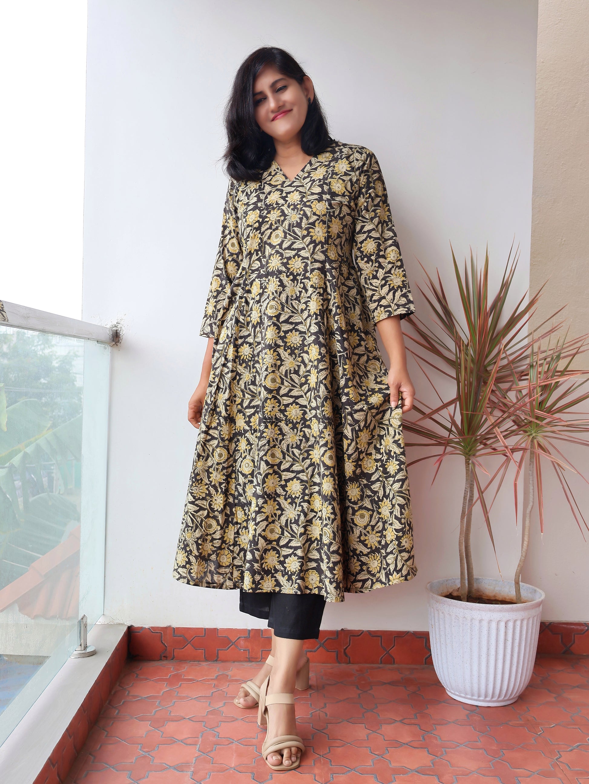 Black Mustard Kalamkari Cotton Hand Block  Paneled Kurta