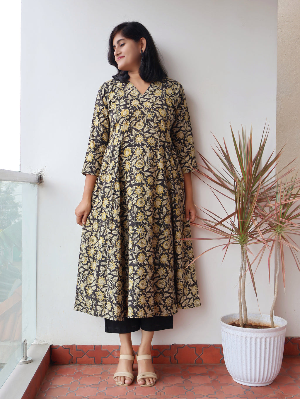 Black Mustard Kalamkari Cotton Hand Block  Paneled Kurta