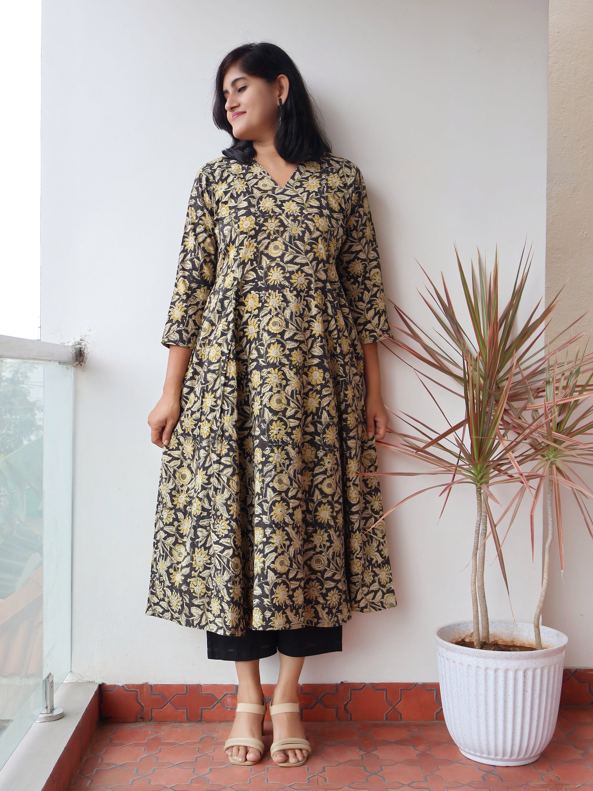Black Mustard Kalamkari Cotton Hand Block  Paneled Kurta