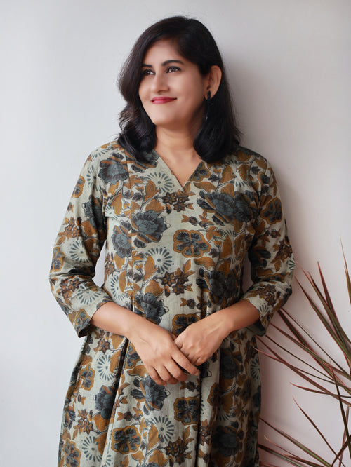 Basil Green Ajrakh Hand Block Print Cotton Kurta