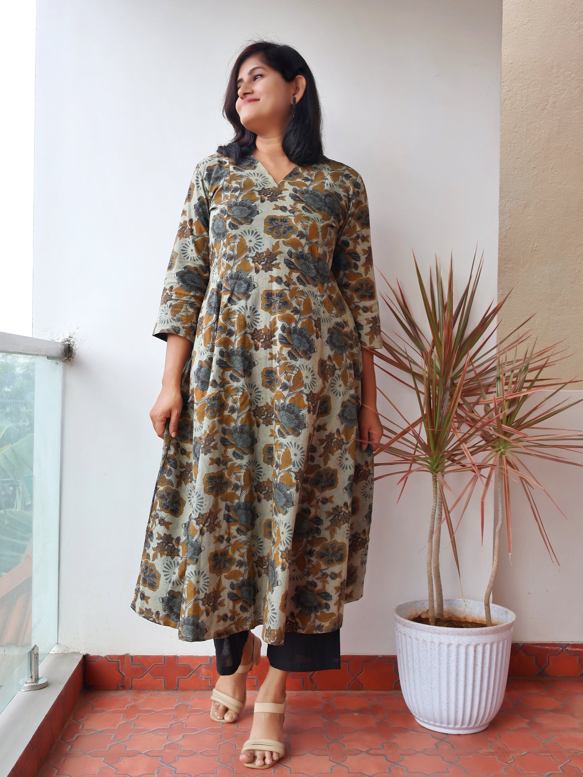 Basil Green Ajrakh Hand Block Print Cotton Kurta