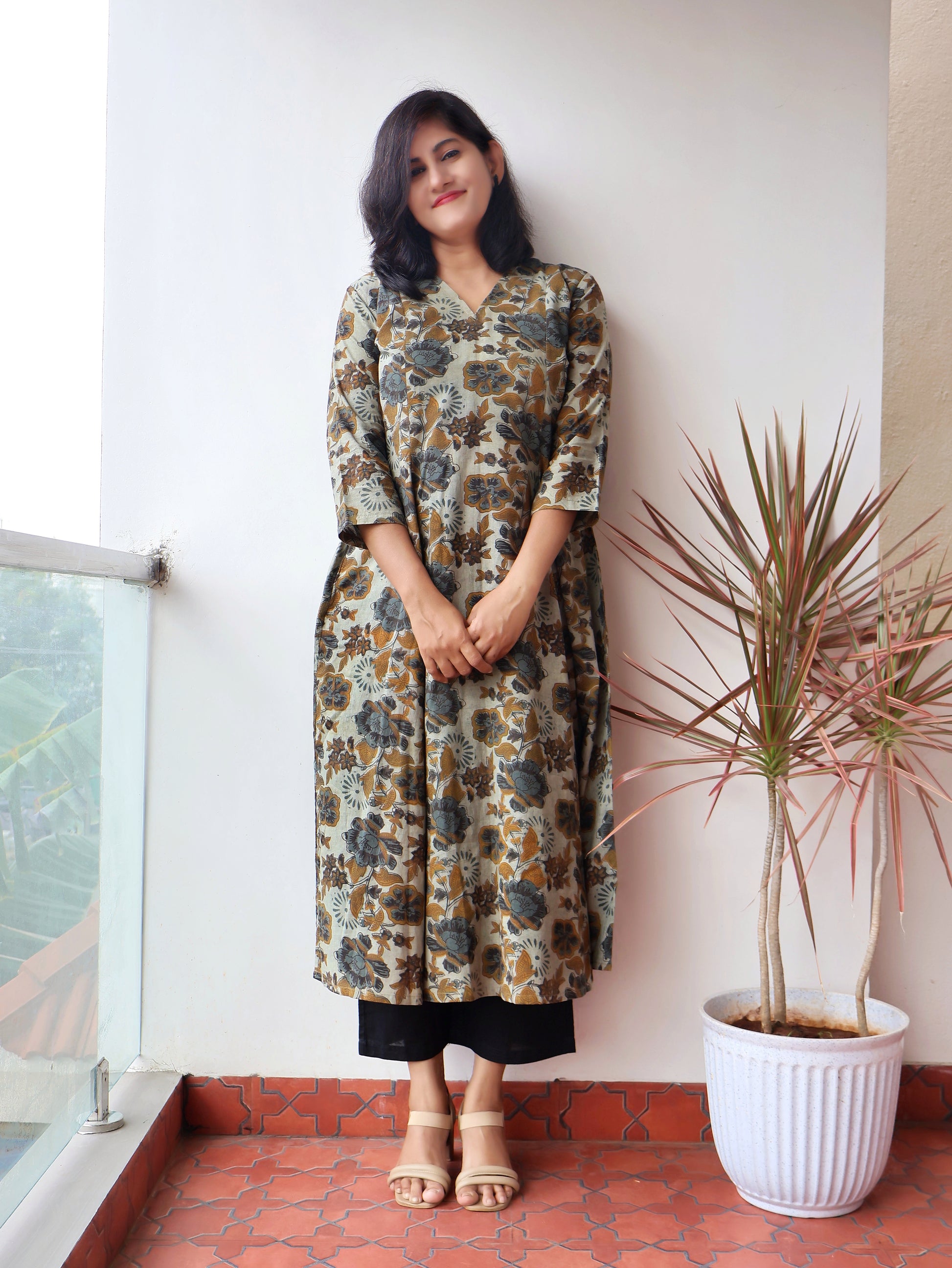 Basil Green Ajrakh Hand Block Print Cotton Kurta