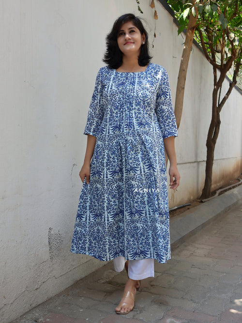 Admiral Blue Cotton Pintuck Long Kurta