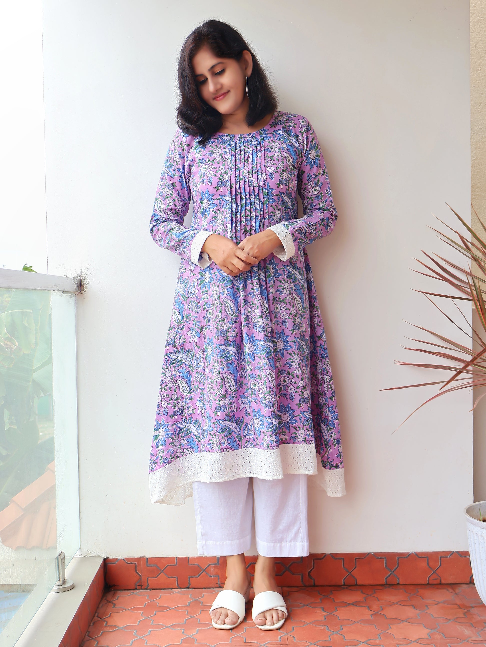 Iris Purple Sanganeri Hand Block Aline Cotton Kurta