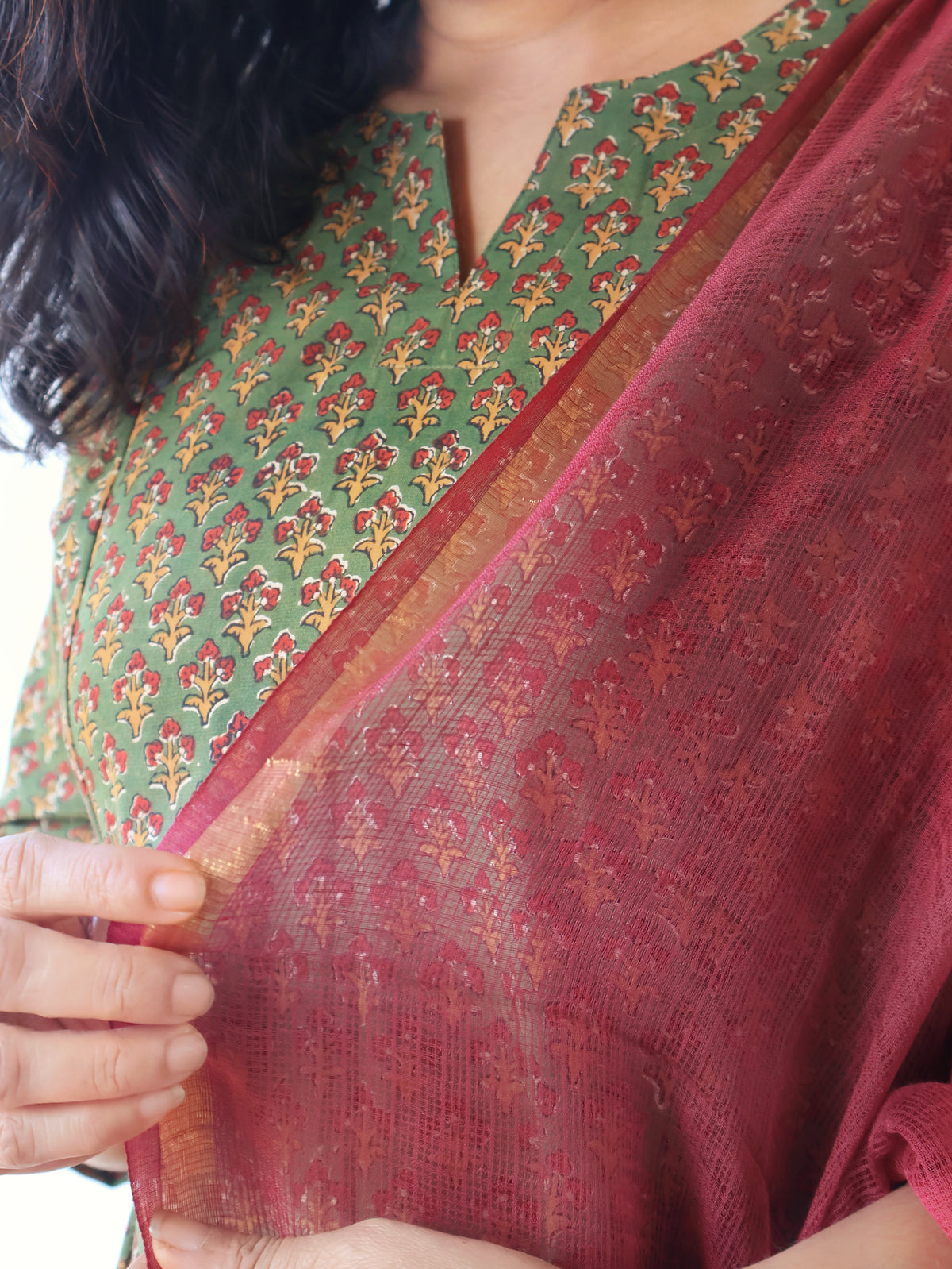 Green Parampara Bagru kalamkari Hand Block Cotton Kurta