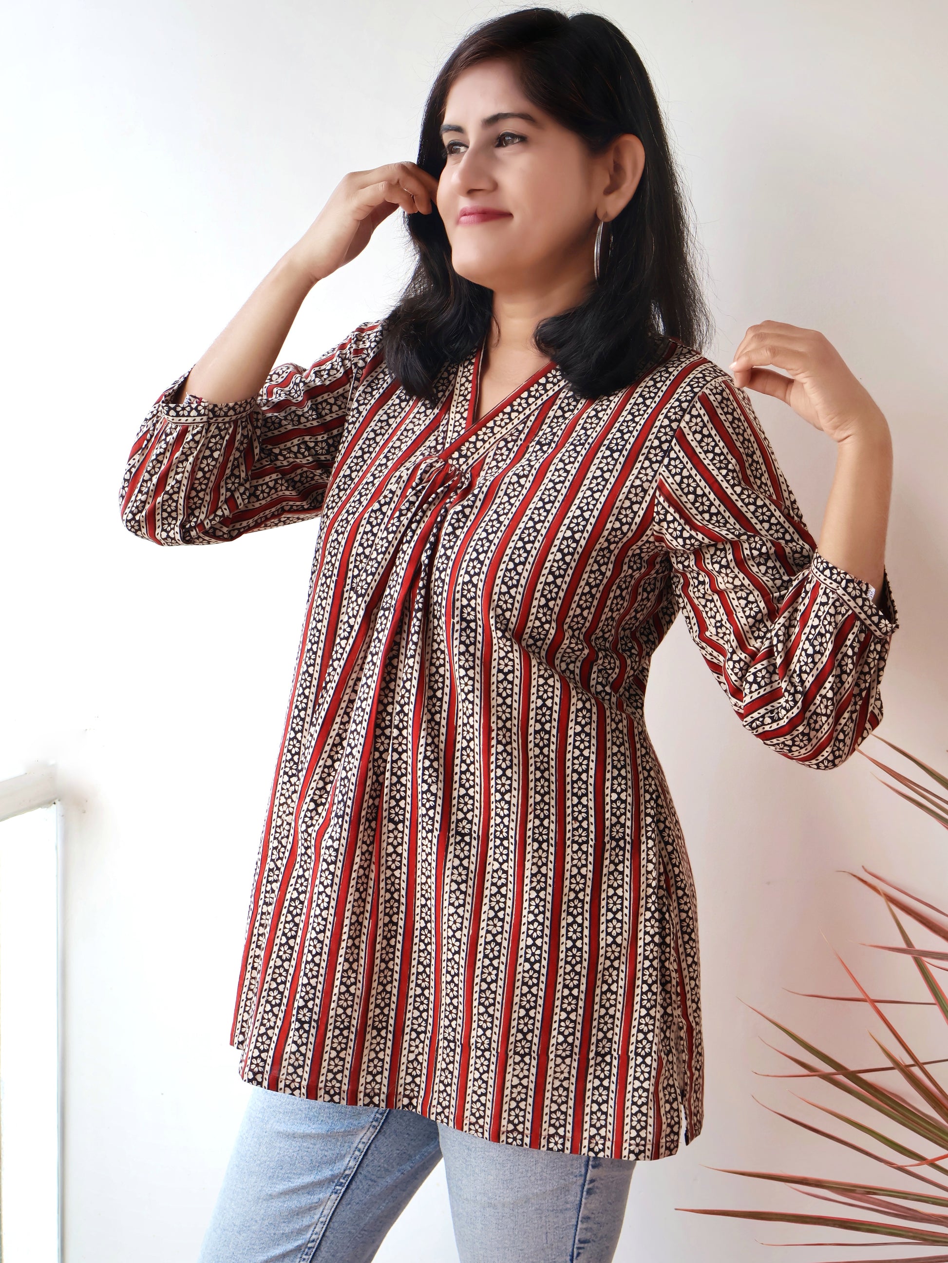 Mira Maroon Bagru Hand Block Cotton Short Top