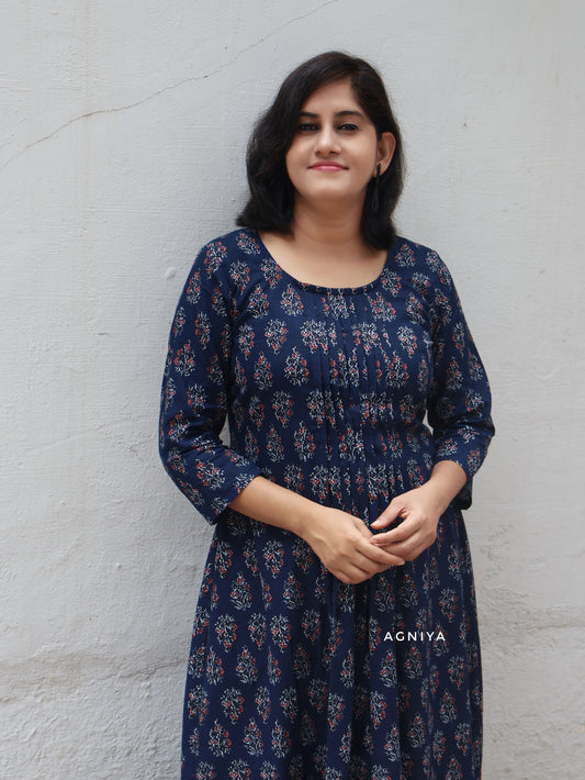 Berry Blue Cotton Pintuck Aline Long Kurta