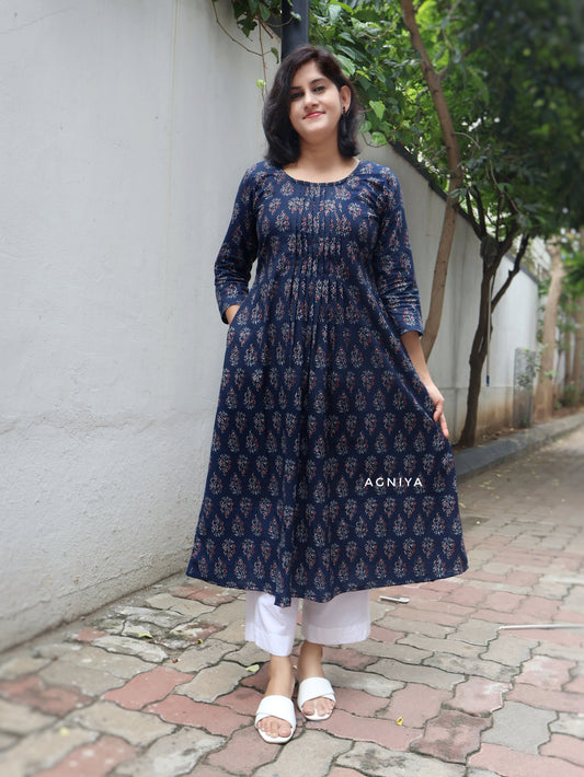 Berry Blue Cotton Pintuck Aline Long Kurta