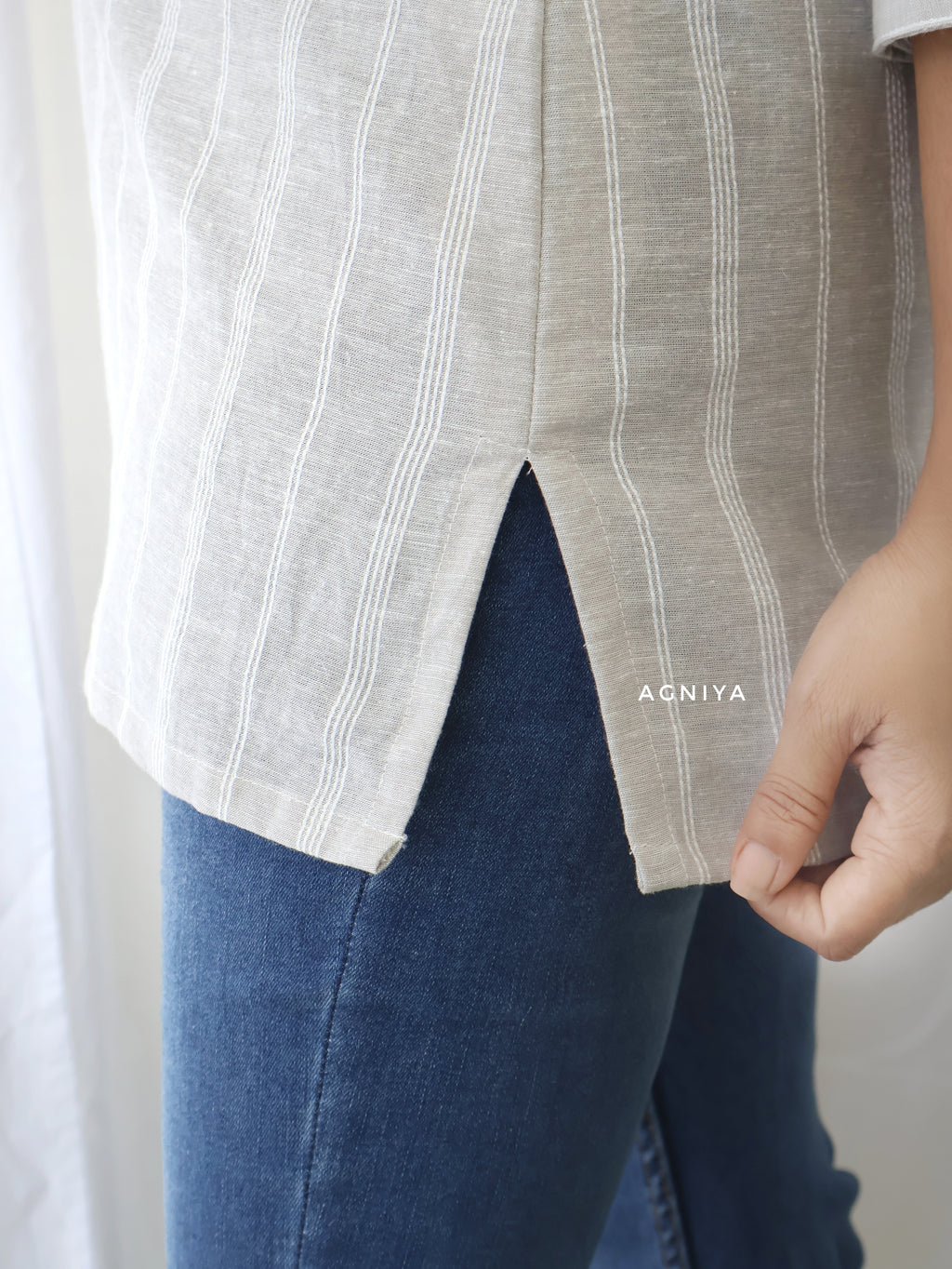 Beige Stripes Cotton Short Top