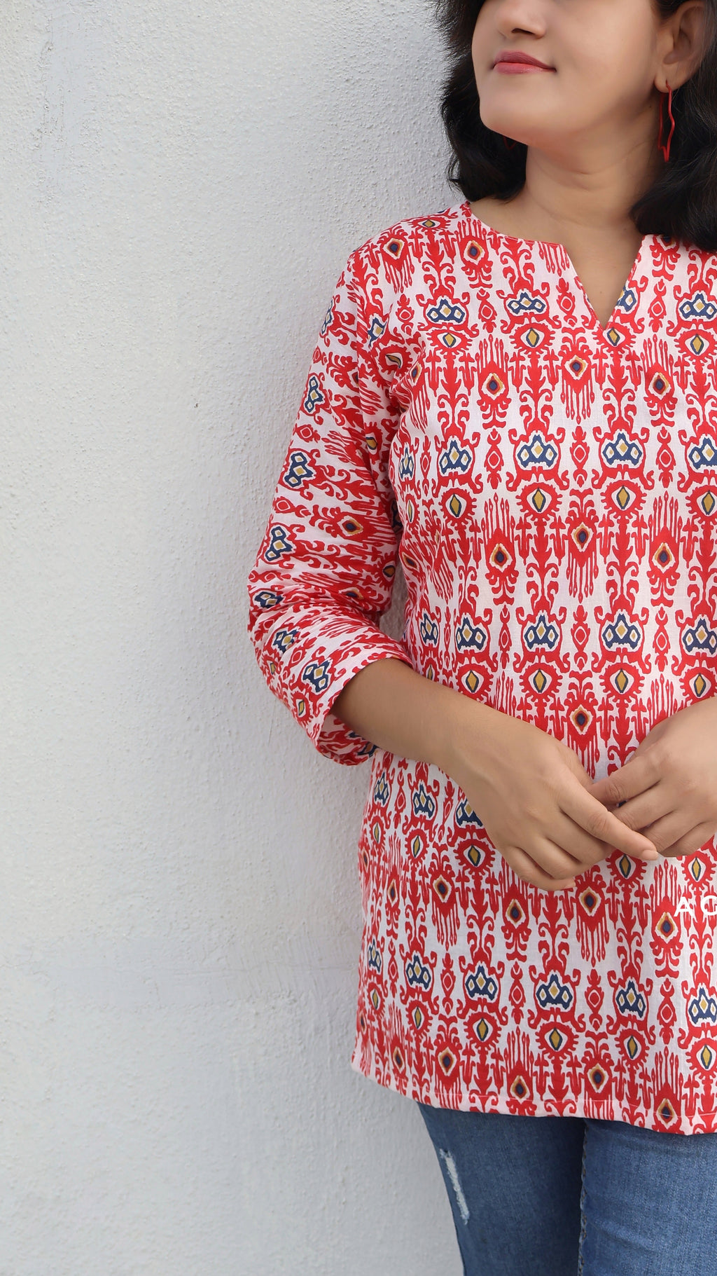 Red White Ikat Print Cotton Short TOP