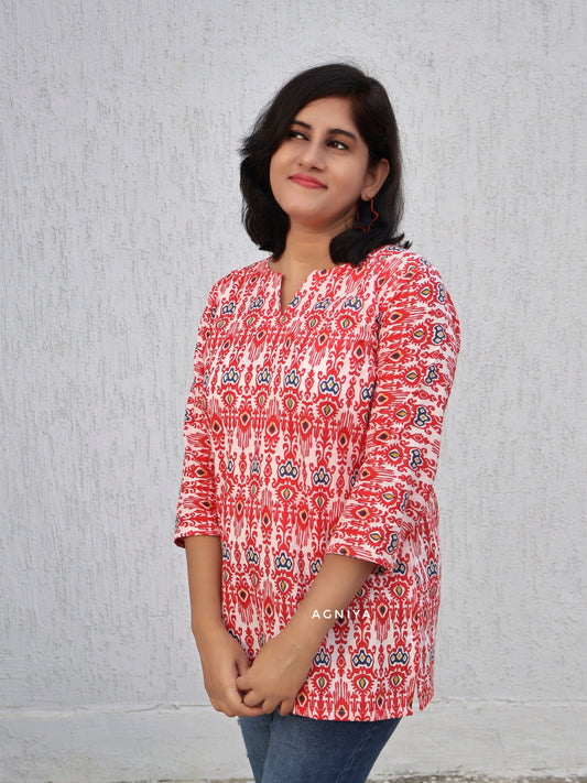 Red White Ikat Print Cotton Short TOP