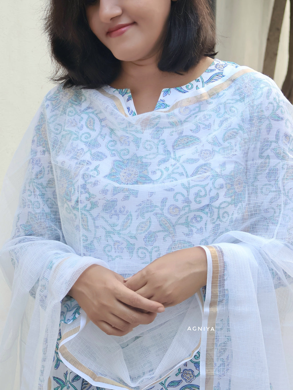 White Blue Sanganeri Hand Block Paneled Cotton Kurta