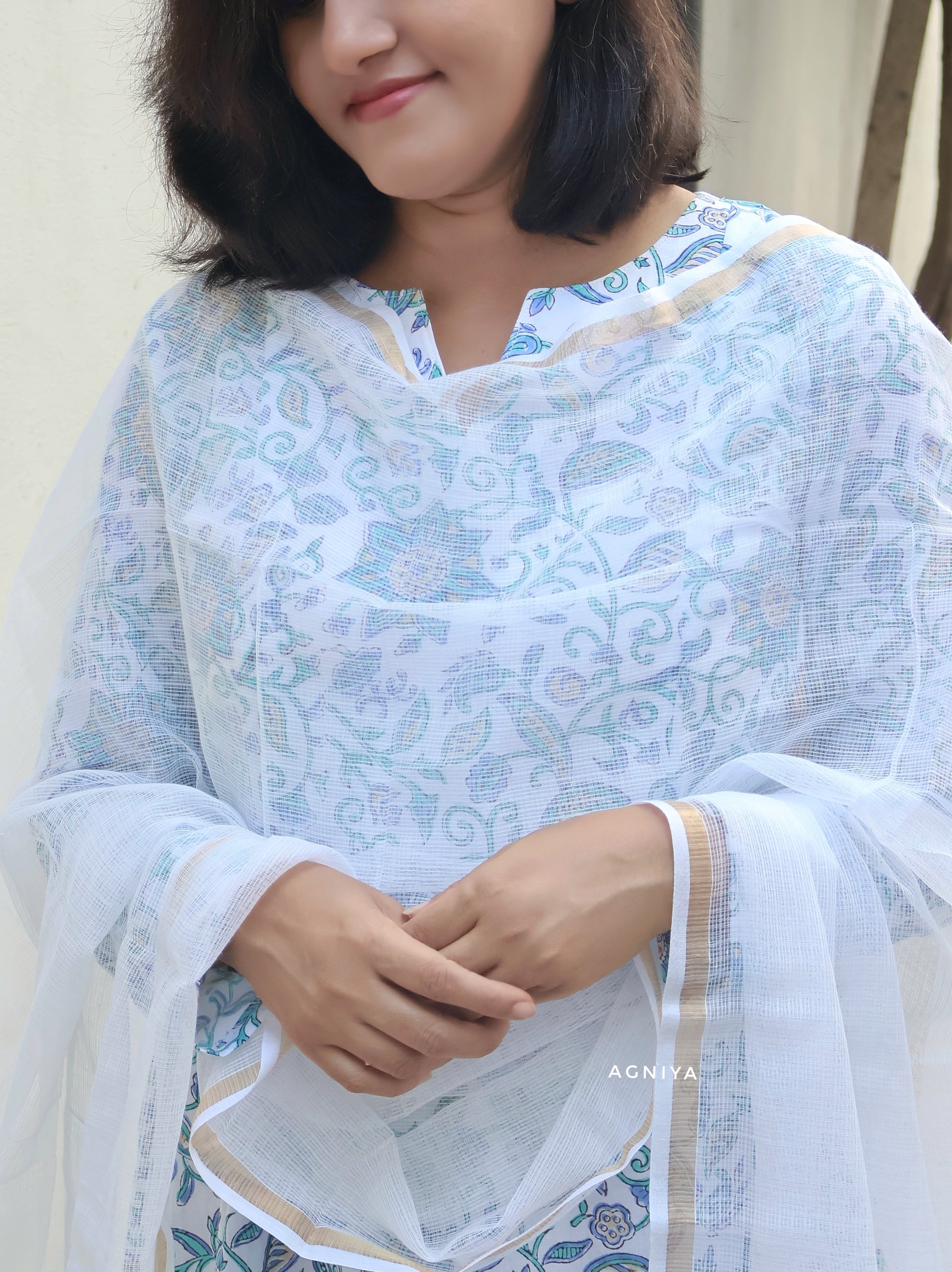 White Blue Sanganeri Hand Block Paneled Cotton Kurta