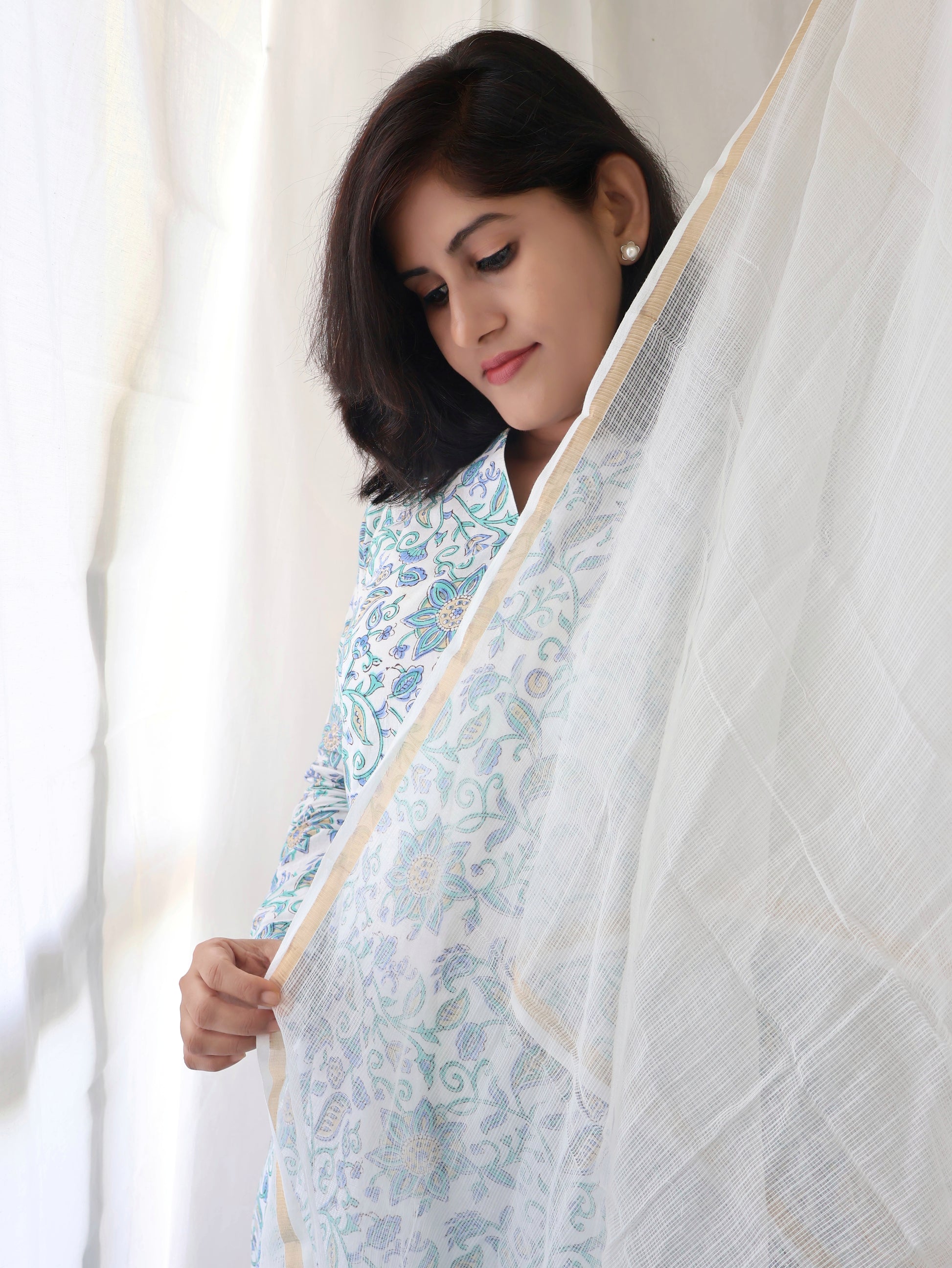 White Blue Sanganeri Hand Block Print Paneled Long Kurta