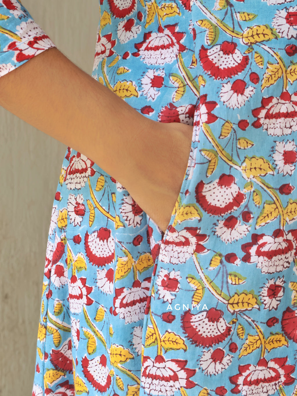 Blue Lotus Sanganeri HandBlock Paneled  Cotton Kurta