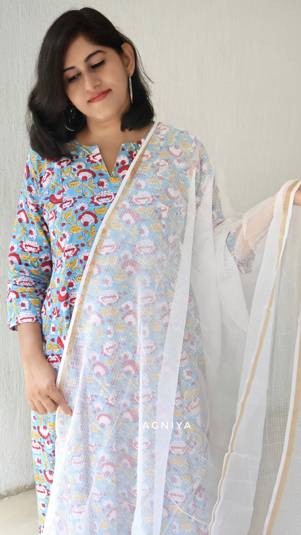 Blue Lotus Sanganeri HandBlock Paneled  Cotton Kurta