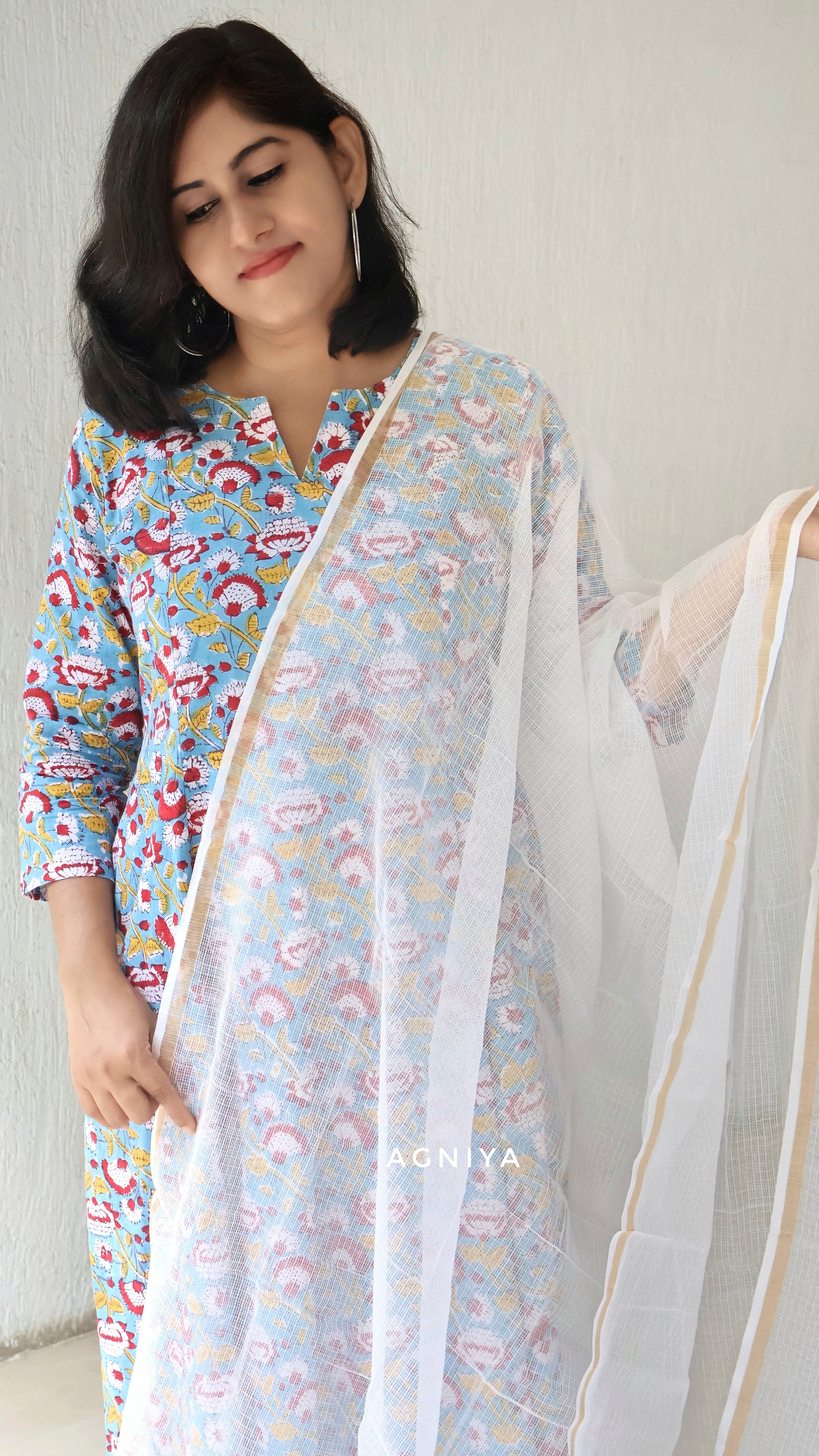 Blue Lotus Sanganeri Hand Block Paneled Long Kurta