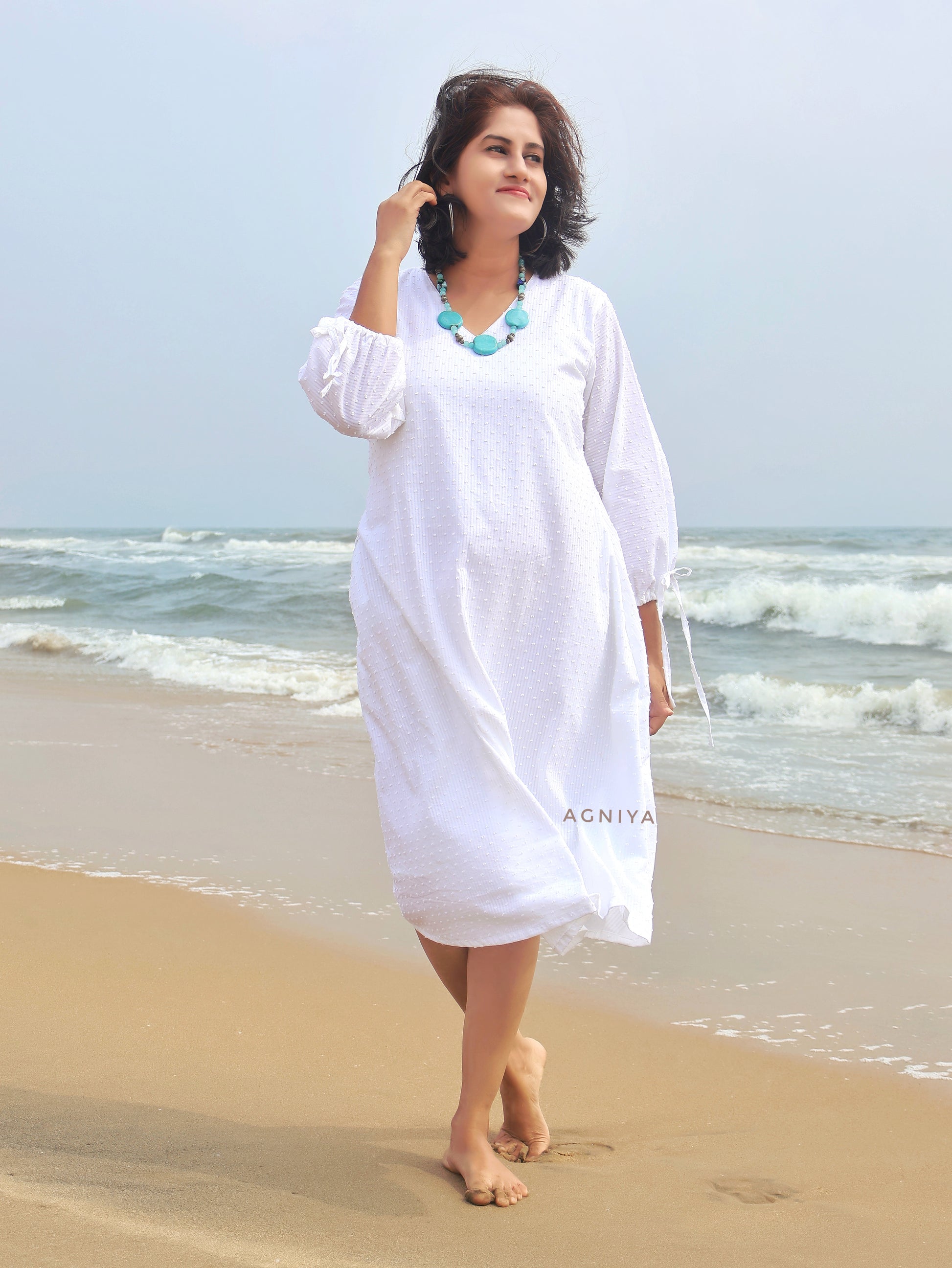 White Periwinkle Cotton Aline Dress