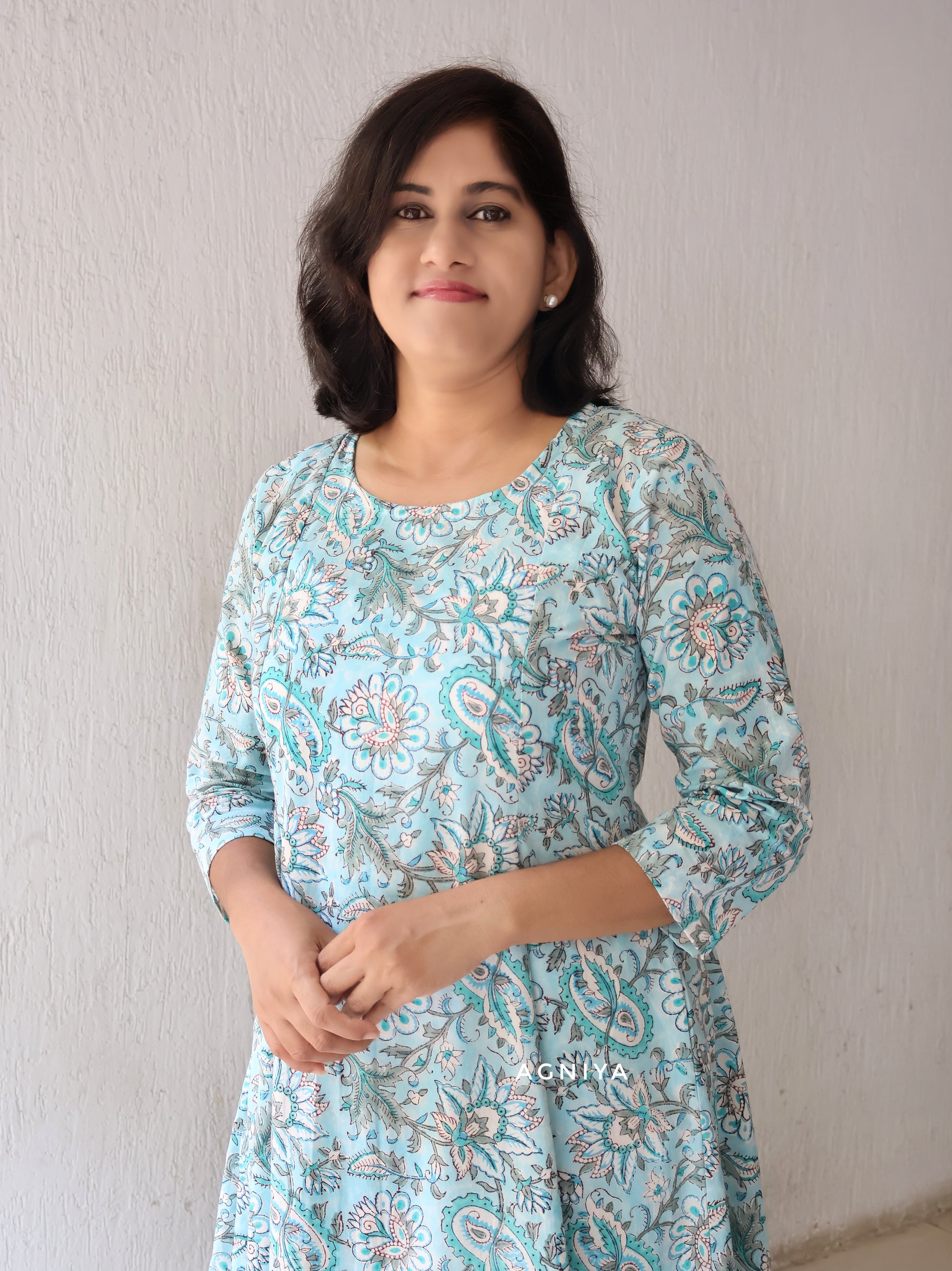 Cyan Floral Hand Block Cotton Paneled  Kurta ( Last Few Sizes Left )