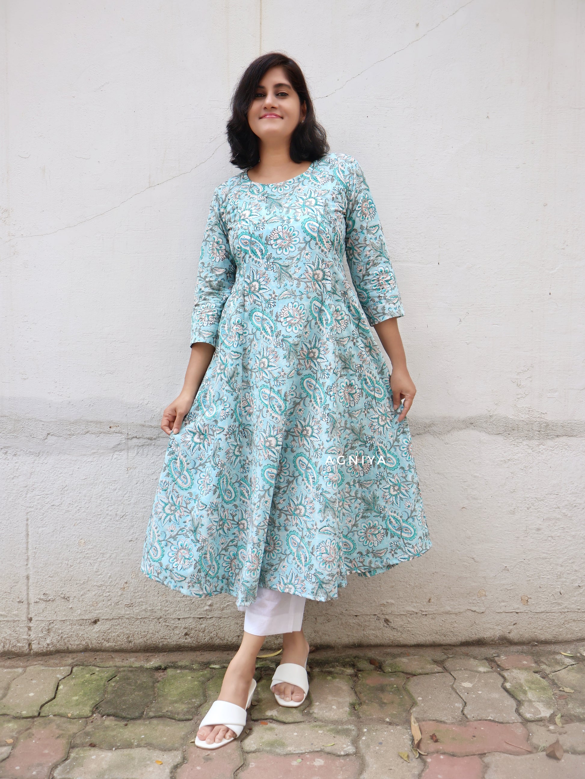 Cyan Floral Hand Block Cotton Paneled  Kurta ( Last Few Sizes Left )