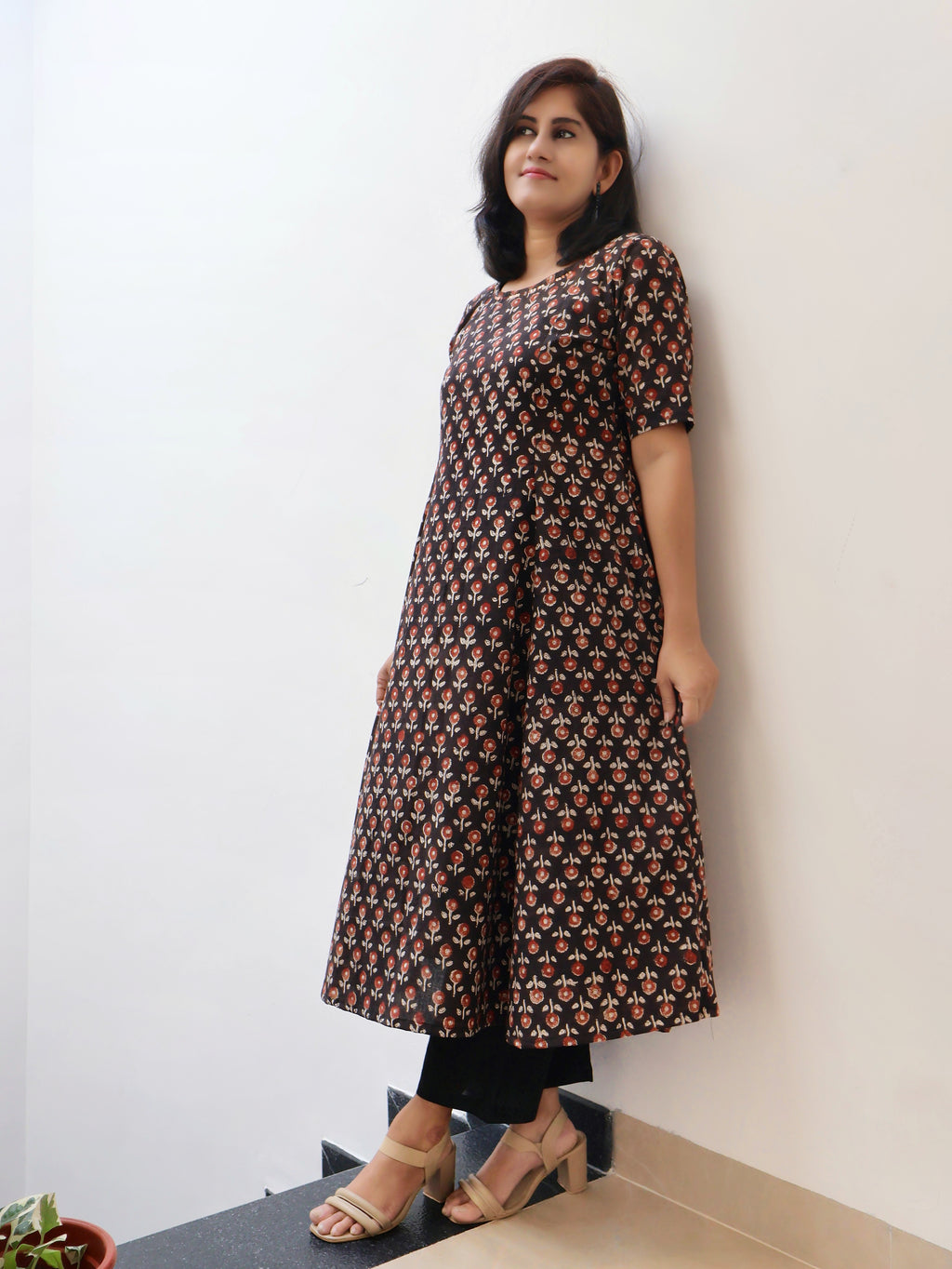 Black paneled kurta with traditional Bagru hand block motifs