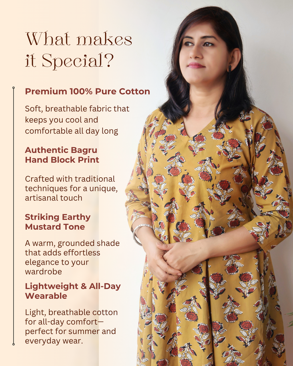 Earthy Mustard Bagru Hand Block Cotton Kurta