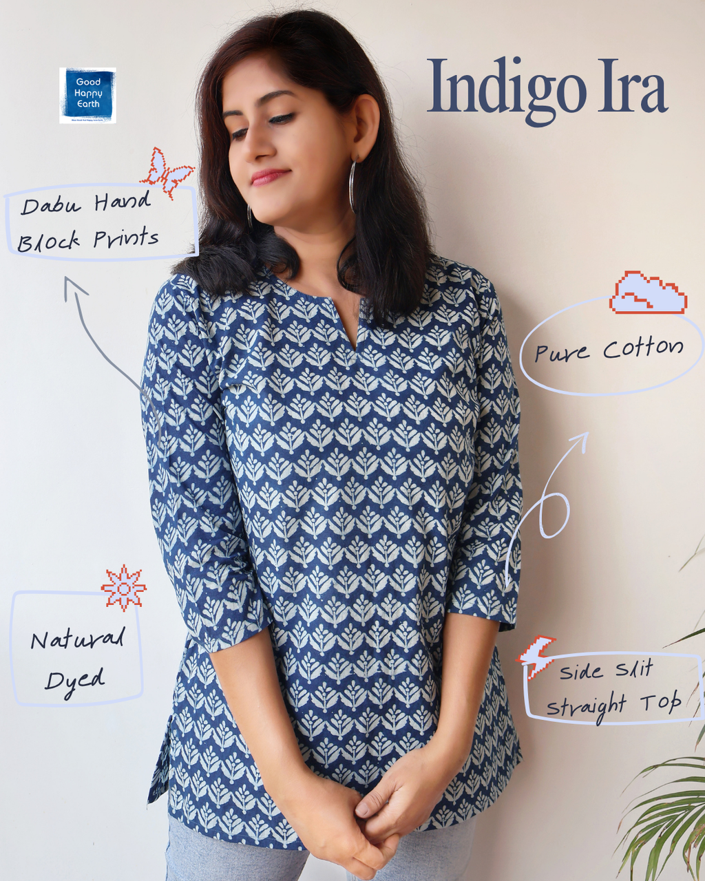 Indigo Ira Dabu Hand Block Cotton Straight Short Top