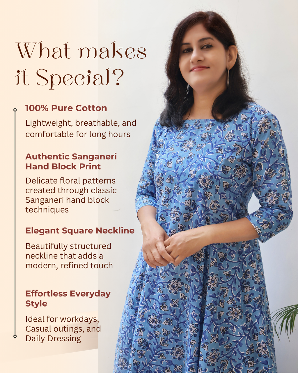 Woman wearing a blue floral dress with text highlighting its features