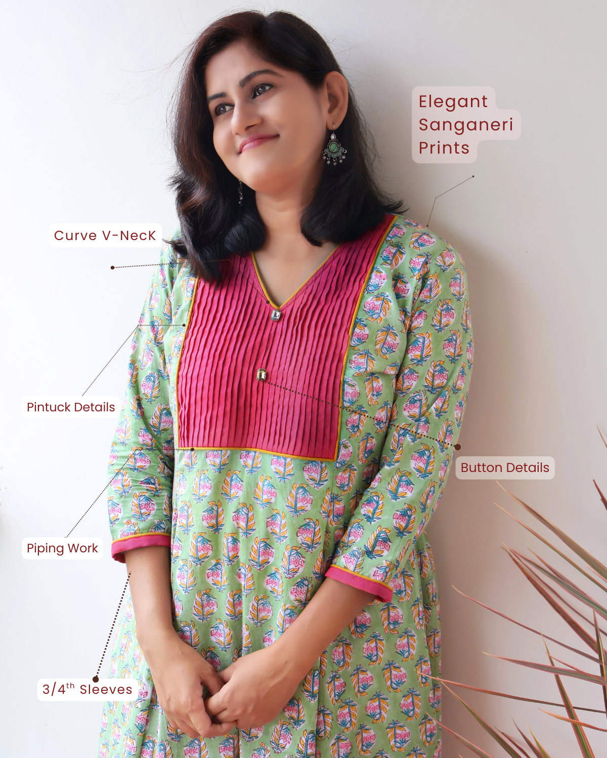 Zinnia Green Sanganeri Hand Block Cotton Kurta