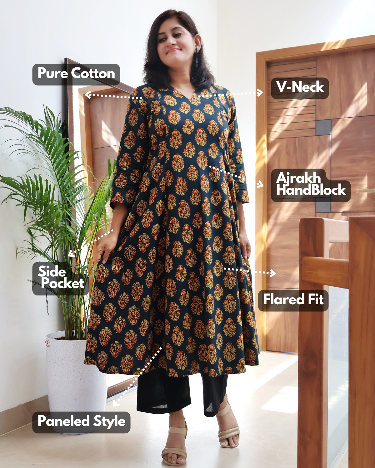 Green Ajrakh Cotton Hand Block Print Kurta