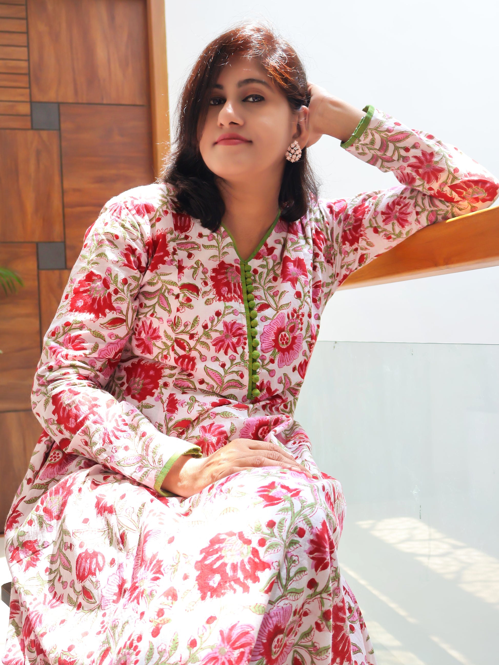 Azalea Pink hand block printed cotton kurta for women with curve V-neck