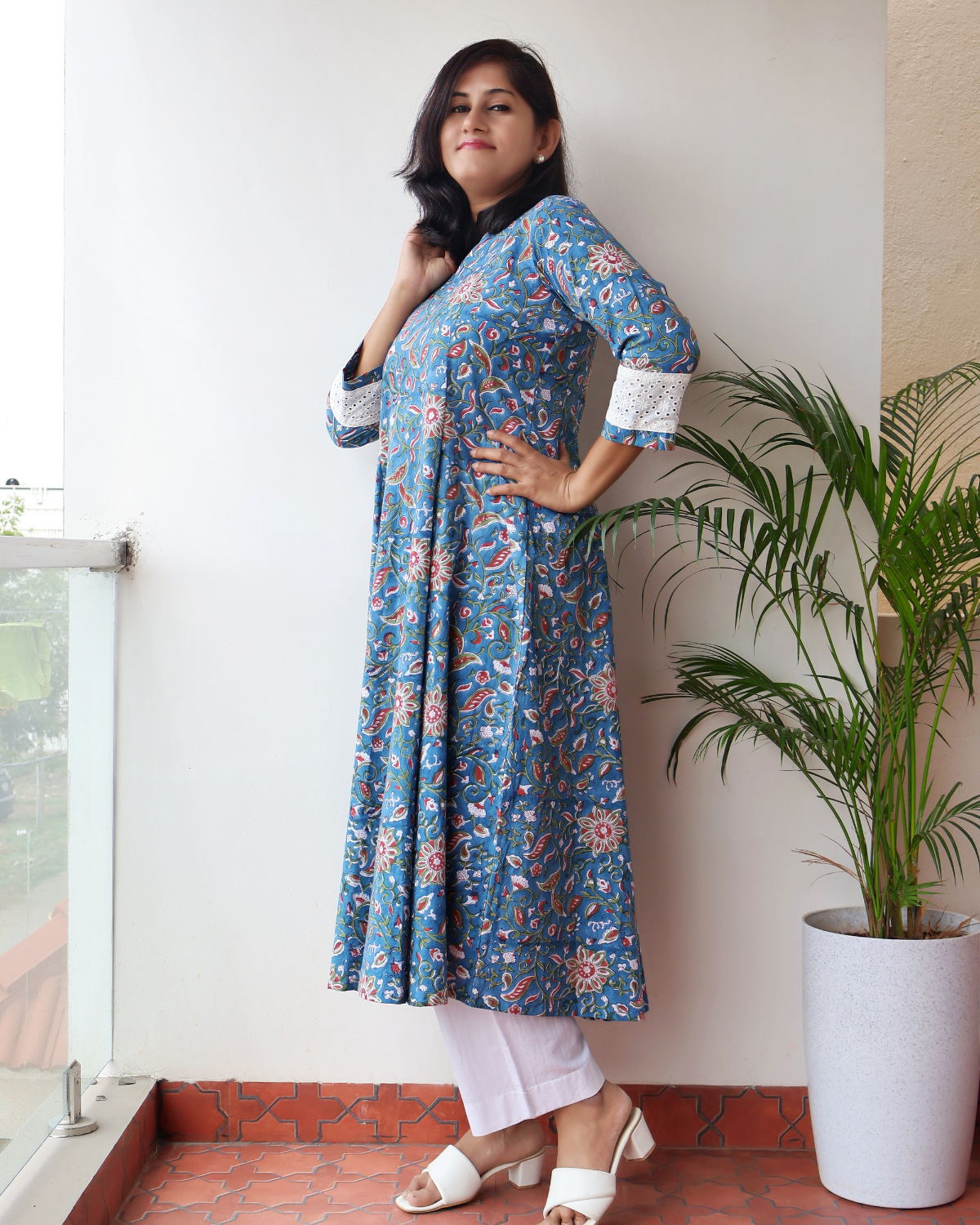 Azure Bloom Sanganeri Hand Block Print Cotton Kurta