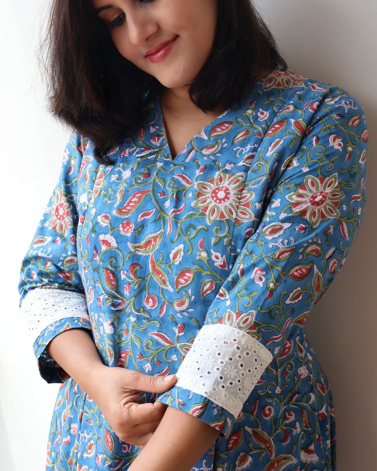 Azure Bloom Sanganeri Hand Block Print Cotton Kurta