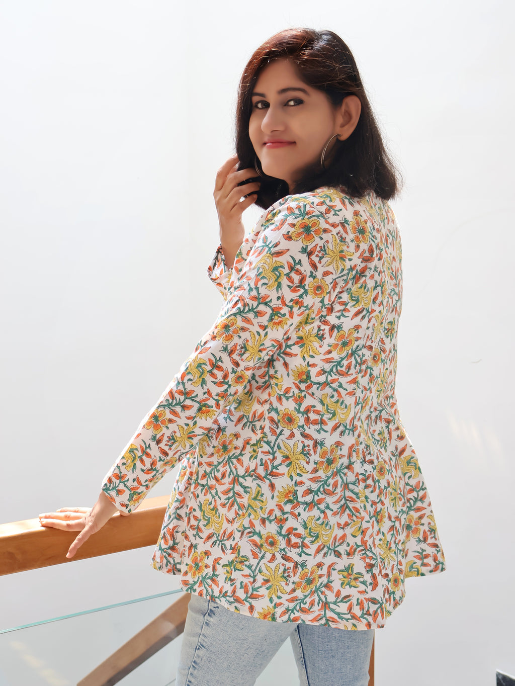 white floral charm cotton short top for women with stylish Full sleeves for Everyday wear