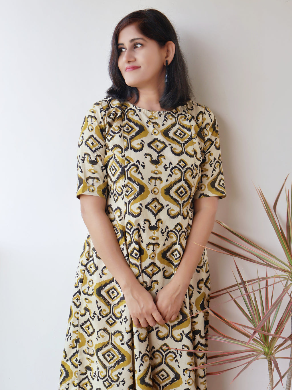 Bagru hand block printed pure cotton panel kurta with elbow sleeves & side pockets