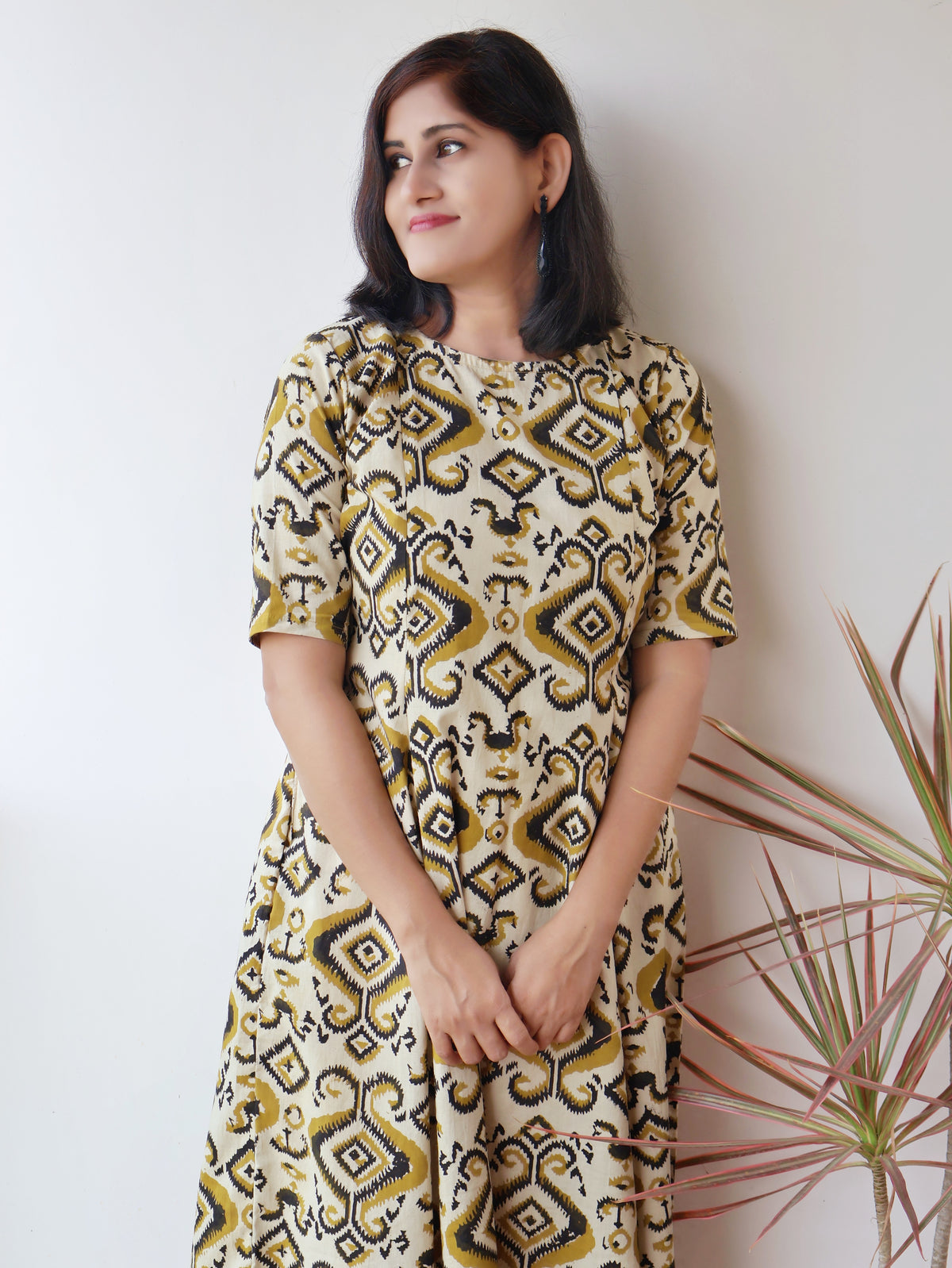 Bagru hand block printed pure cotton panel kurta with elbow sleeves & side pockets