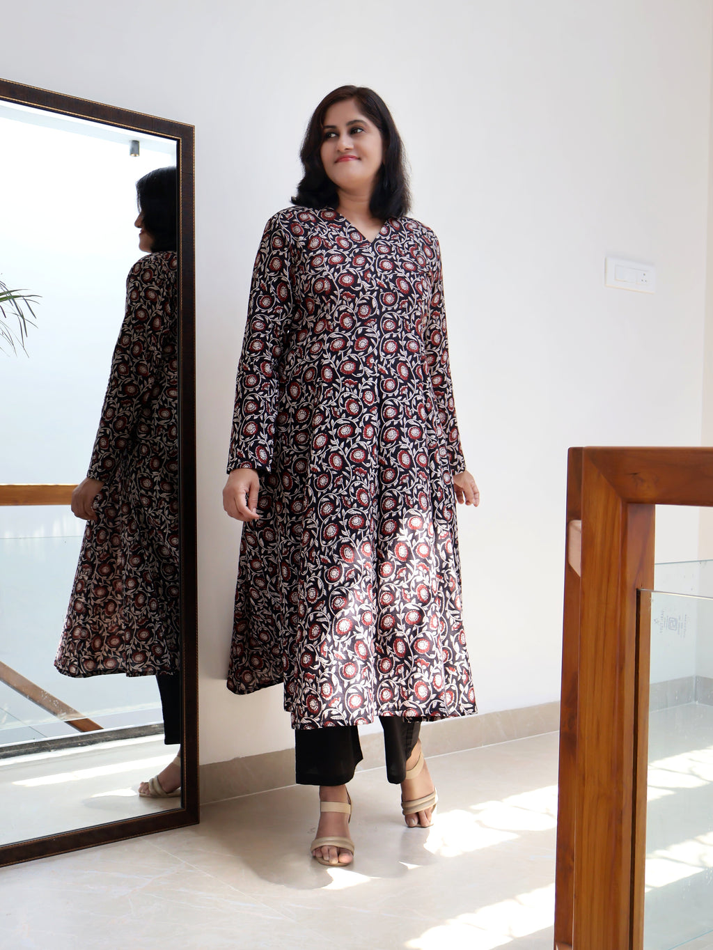 Women’s Bagru printed black long kurta with artisan block print and flattering panel fit