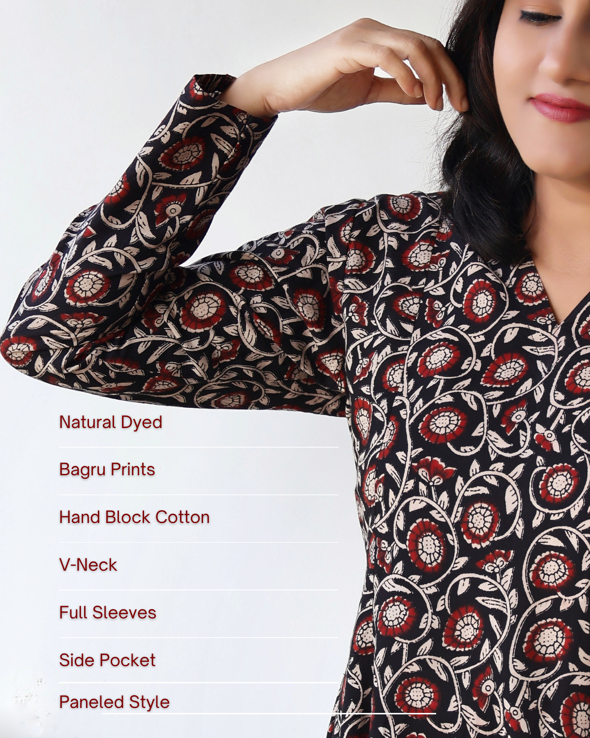 Handcrafted black Bagru block print long kurta with full sleeves and ethnic detailing