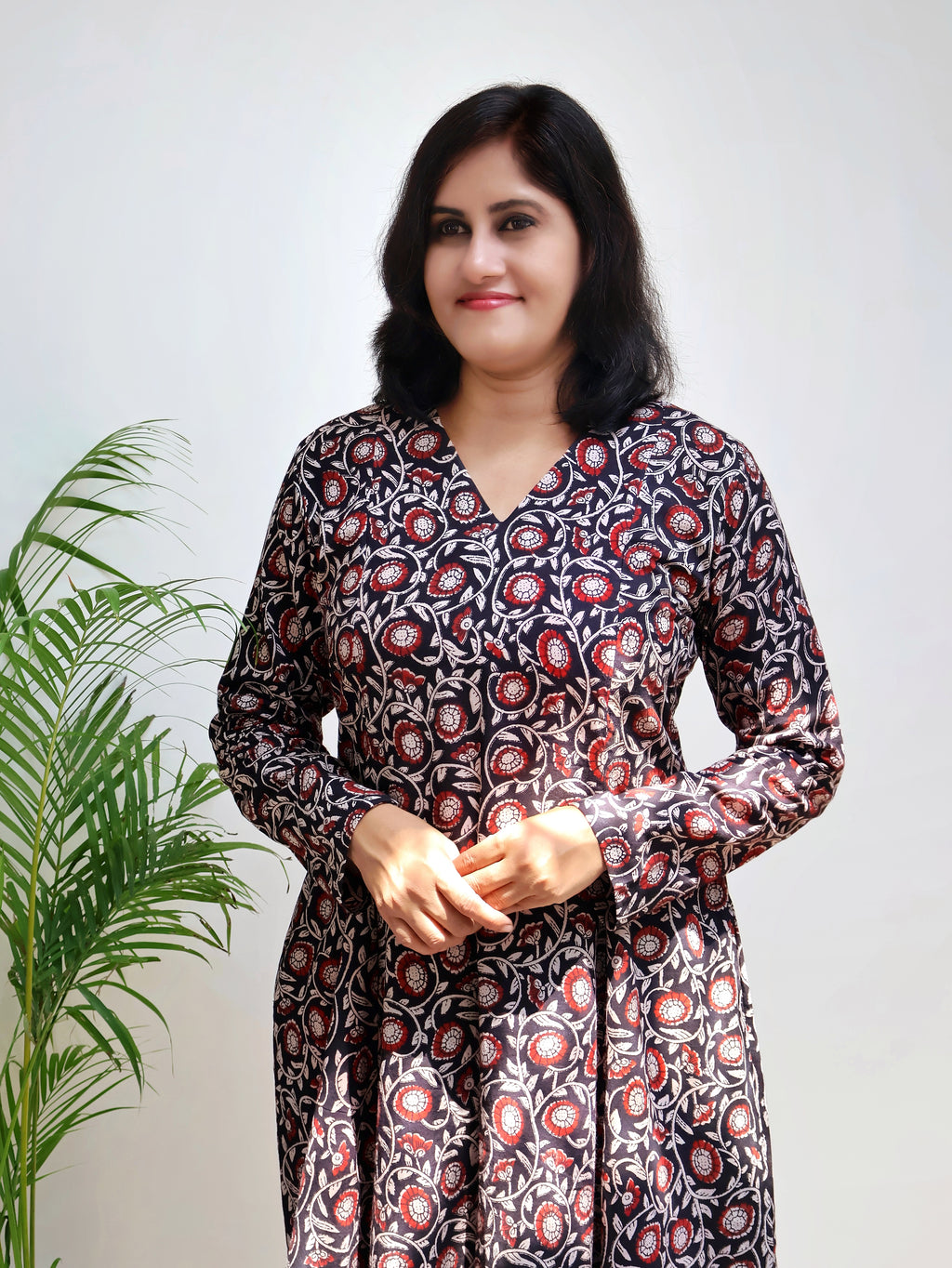 Black ethnic kurta for women with Bagru natural dye print and soft breathable cotton