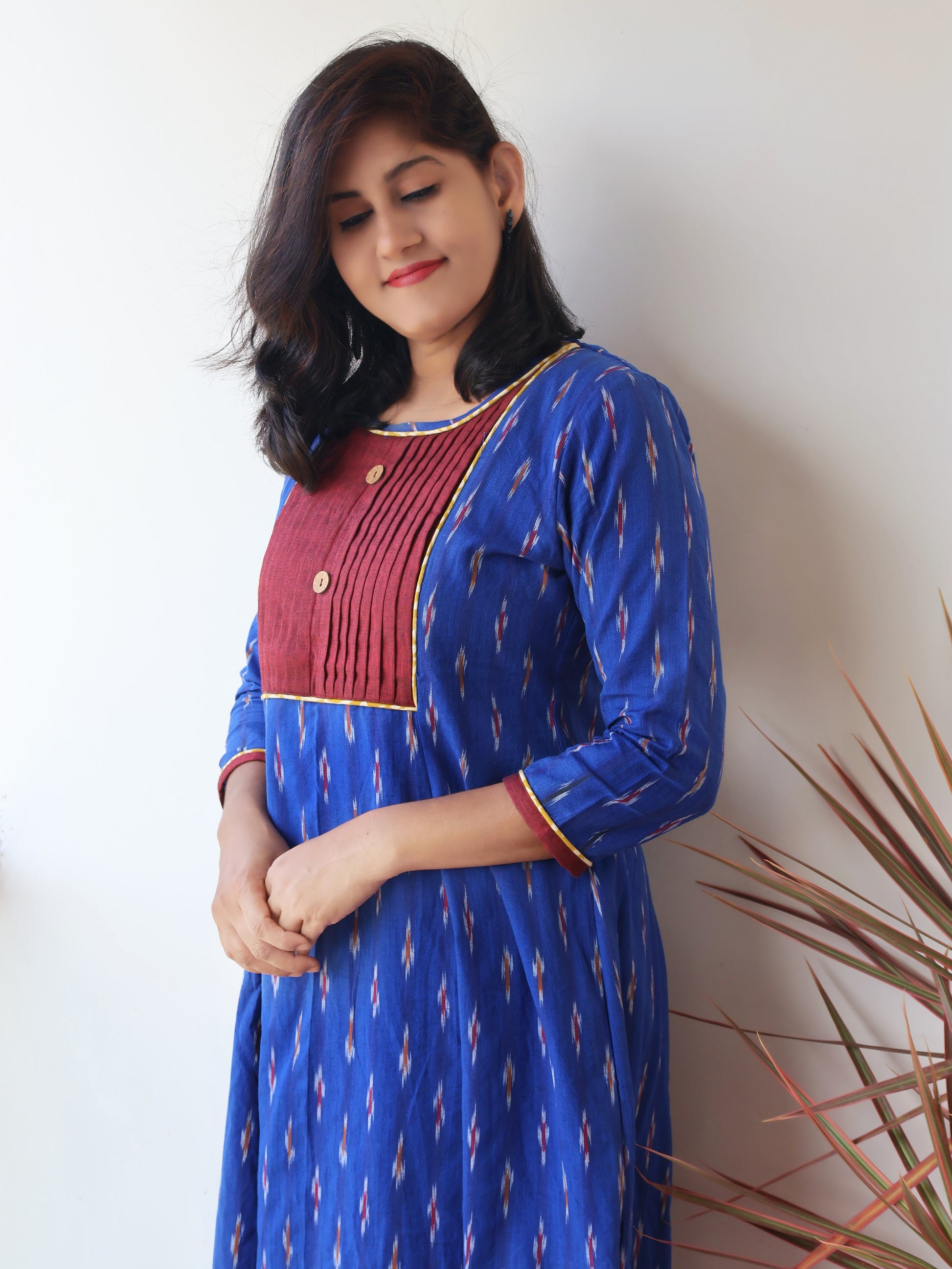 Blue Ikat Cotton Kurta Pure Cotton Handloom Kurta with Contrast Piping
