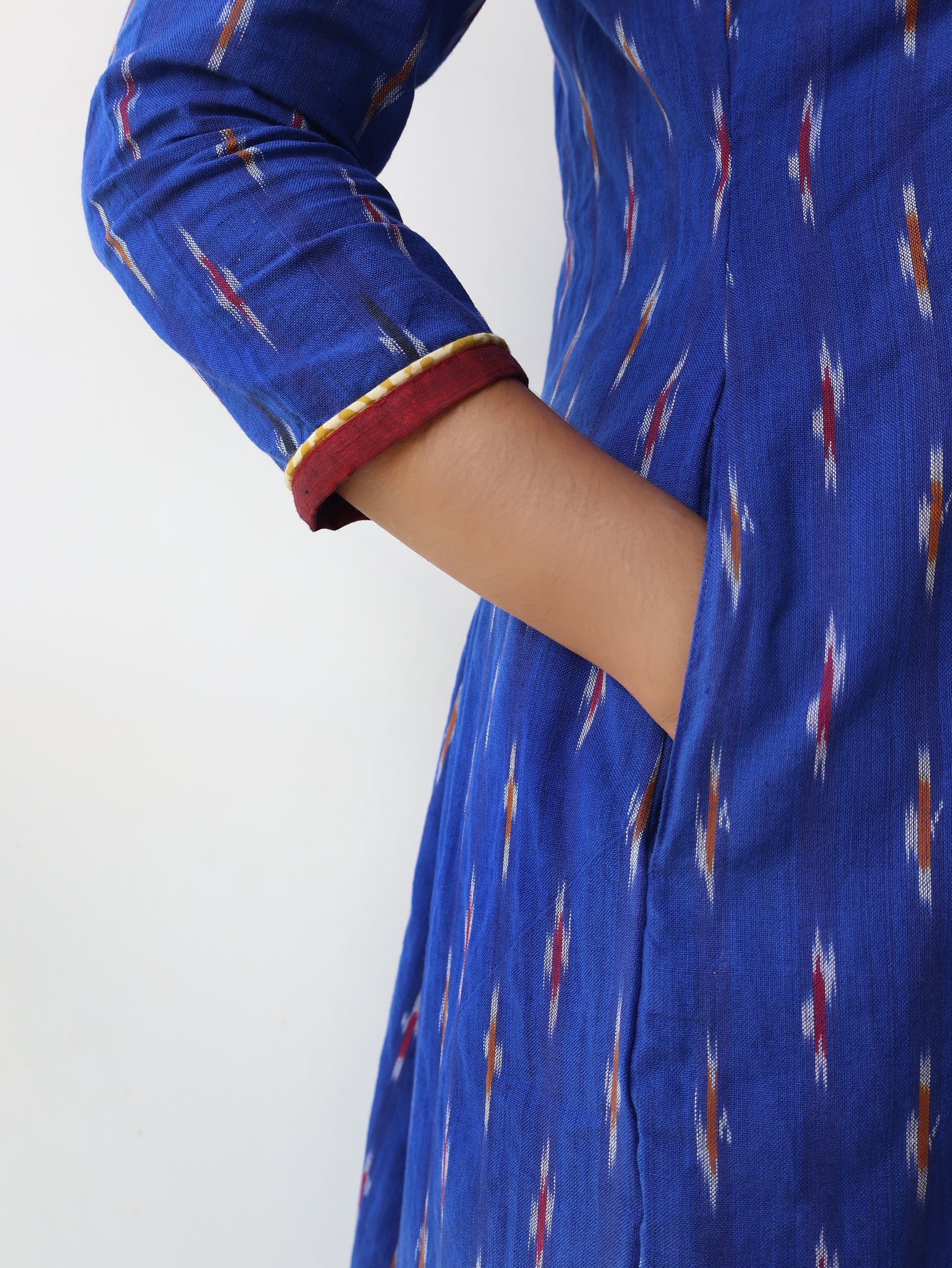 Blue Ikat Kurta for Women with 3/4th Sleeves & Piping details