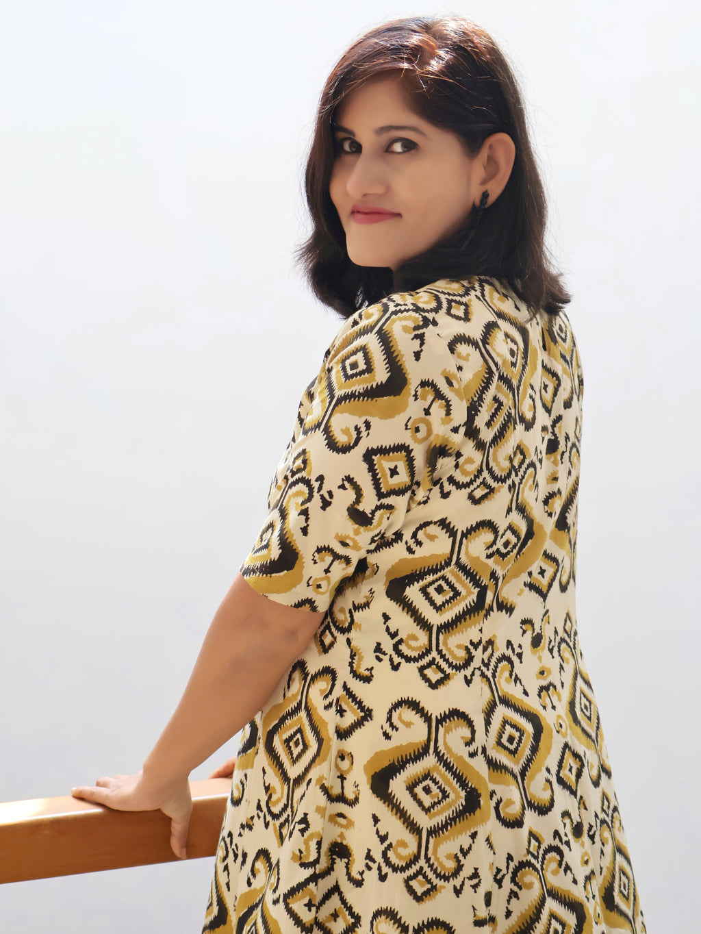 Pure cotton Bagru print kurta with back button neckline and elbow sleeves