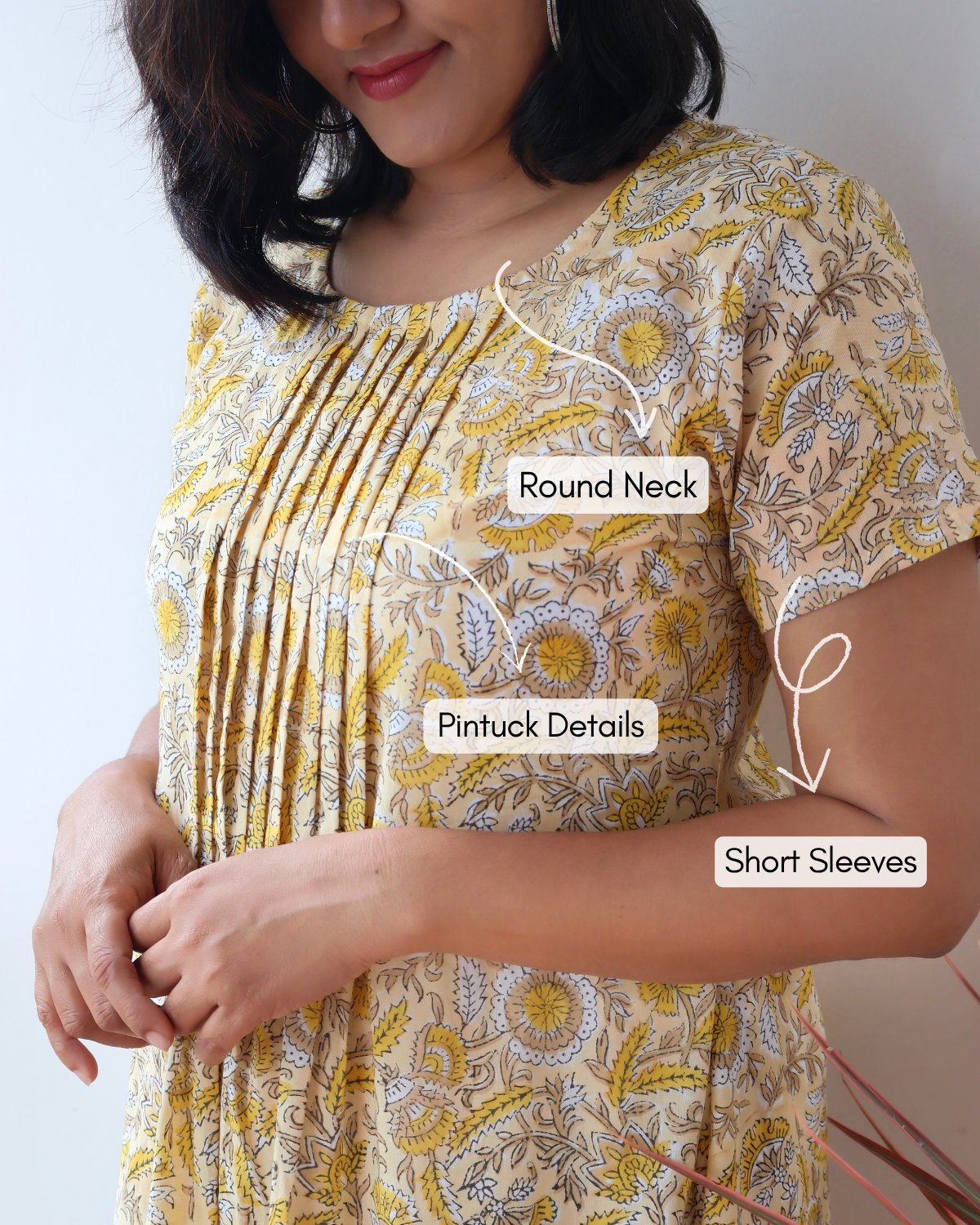 Creamy Yellow Hand Block Pintuck Aline Cotton Kurta