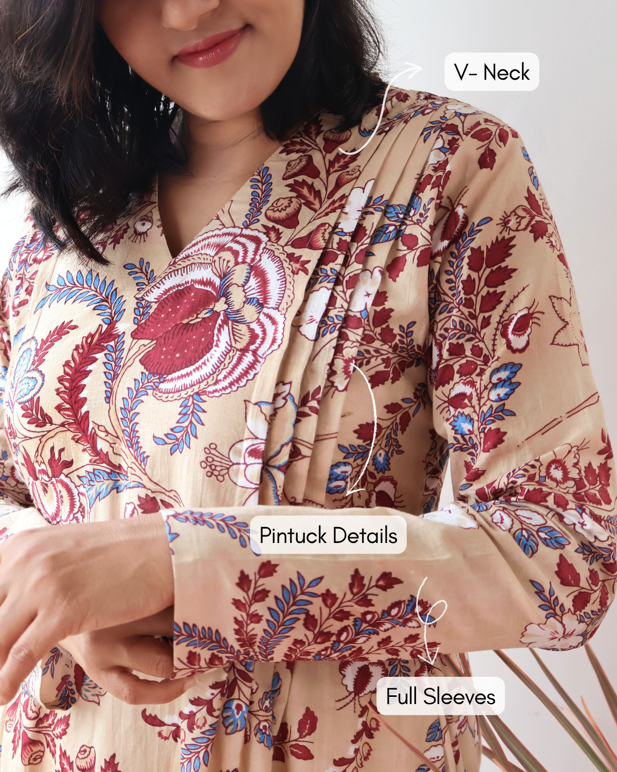 Beige Burgundy Floral Pintuck Aline Cotton Kurta