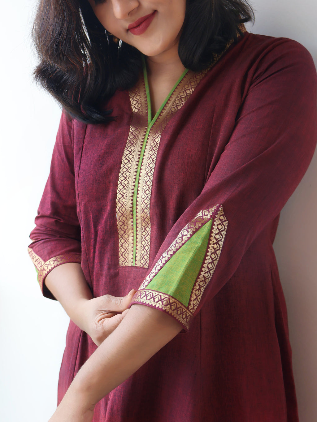 Women’s Ethnic Handloom Kurta in Rich Maroon with V-Neck and 3/4th Zari Embellished Sleeves